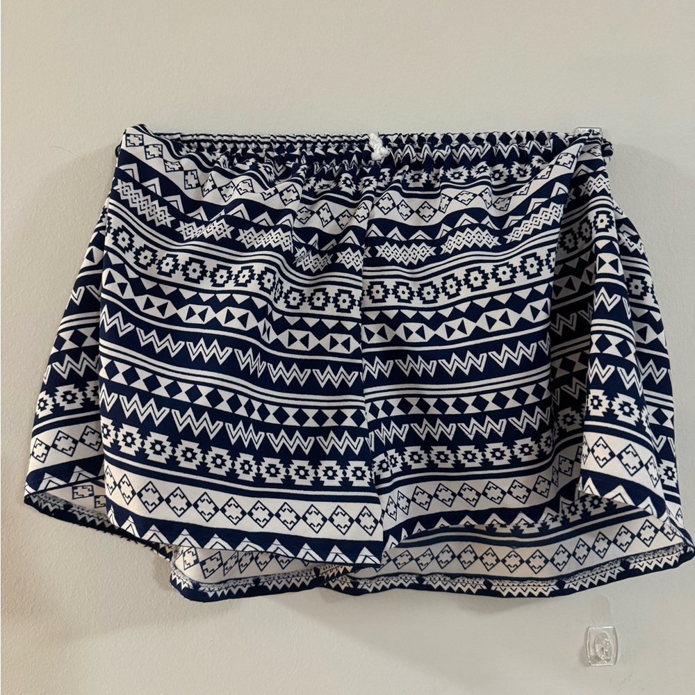 Navy and White Aztec Print Elastic Waist Shorts